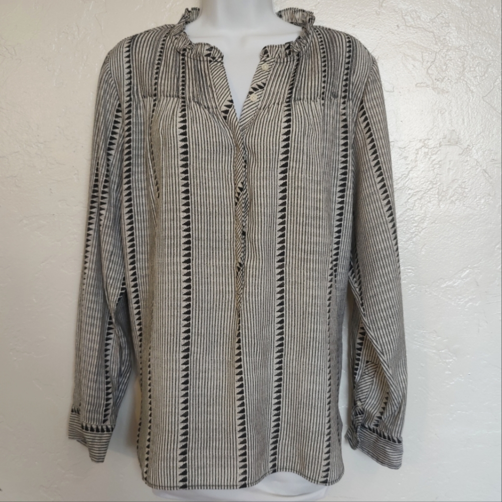 J. Crew long sleeve, black & cream button up blouse. Size M